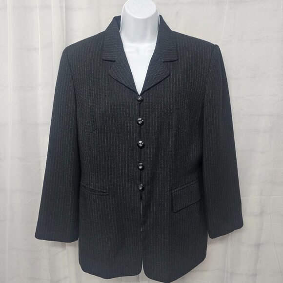 Le Suit Black Pinstriped Single Breasted Blazer Office Business Classic 14P - Picture 1 of 13